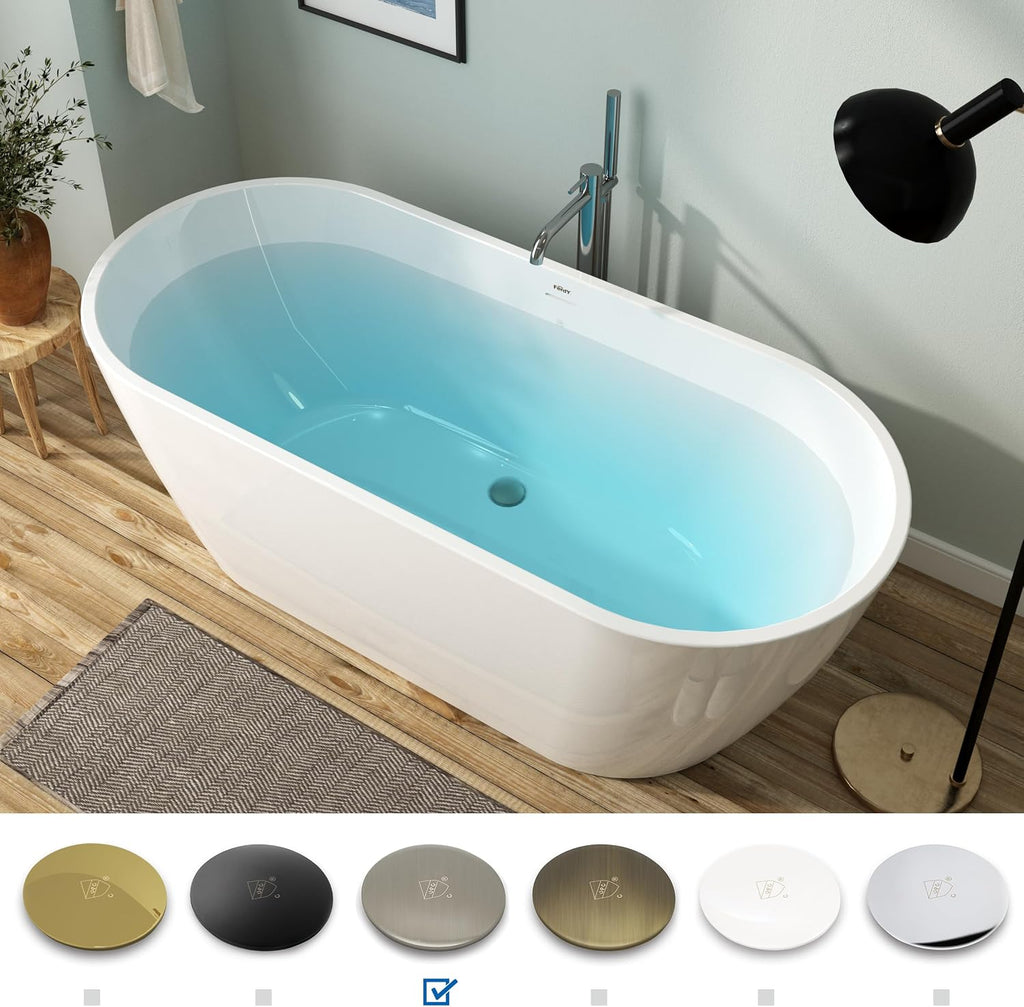 FerdY 67' Bali Acrylic Freestanding Bathtub, Gracefully Shaped Freestanding Soaking Bathtub, cUPC Certified, Toe-Tap Brushed Nickel Drain& Bath Pillow for Bathtub,Thick Tub Pillows, Ergonomic Support
