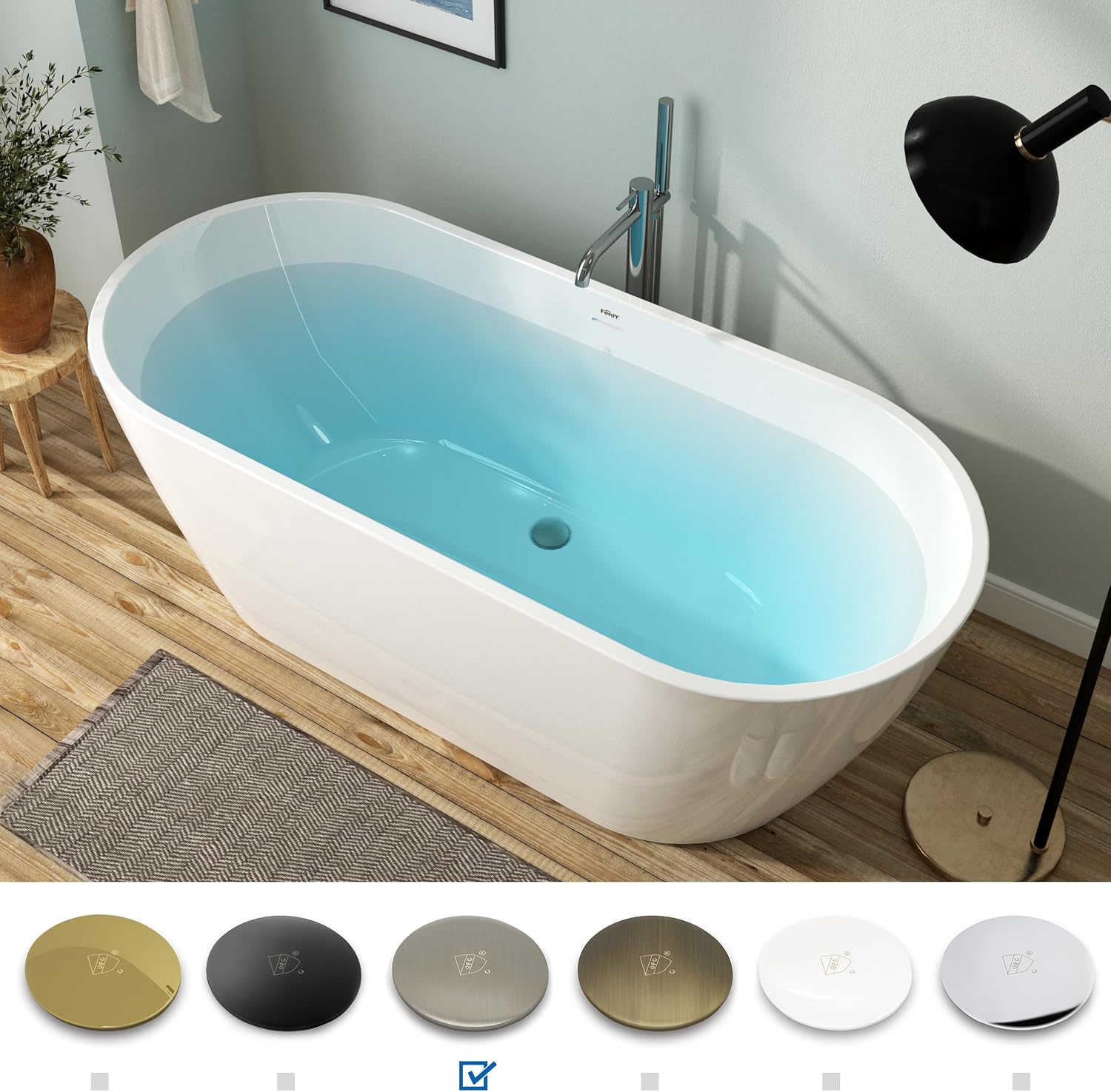 FerdY 67' Bali Acrylic Freestanding Bathtub, Gracefully Shaped Freestanding Soaking Bathtub, cUPC Certified, Toe-Tap Brushed Nickel Drain& Bath Pillow for Bathtub,Thick Tub Pillows, Ergonomic Support
