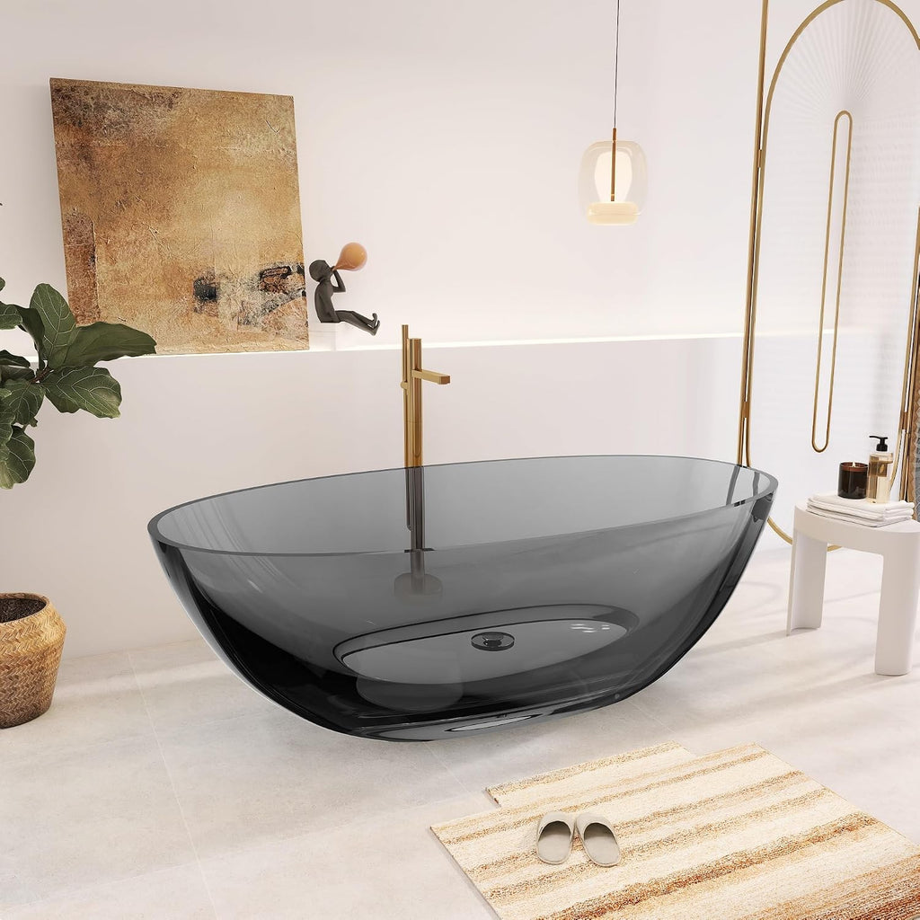 71' Premium Solid Surface Freestanding Bathtubs, Upgraded Transparent Dark Grey Oval Resin Soaking Tub with Pop-up Drain