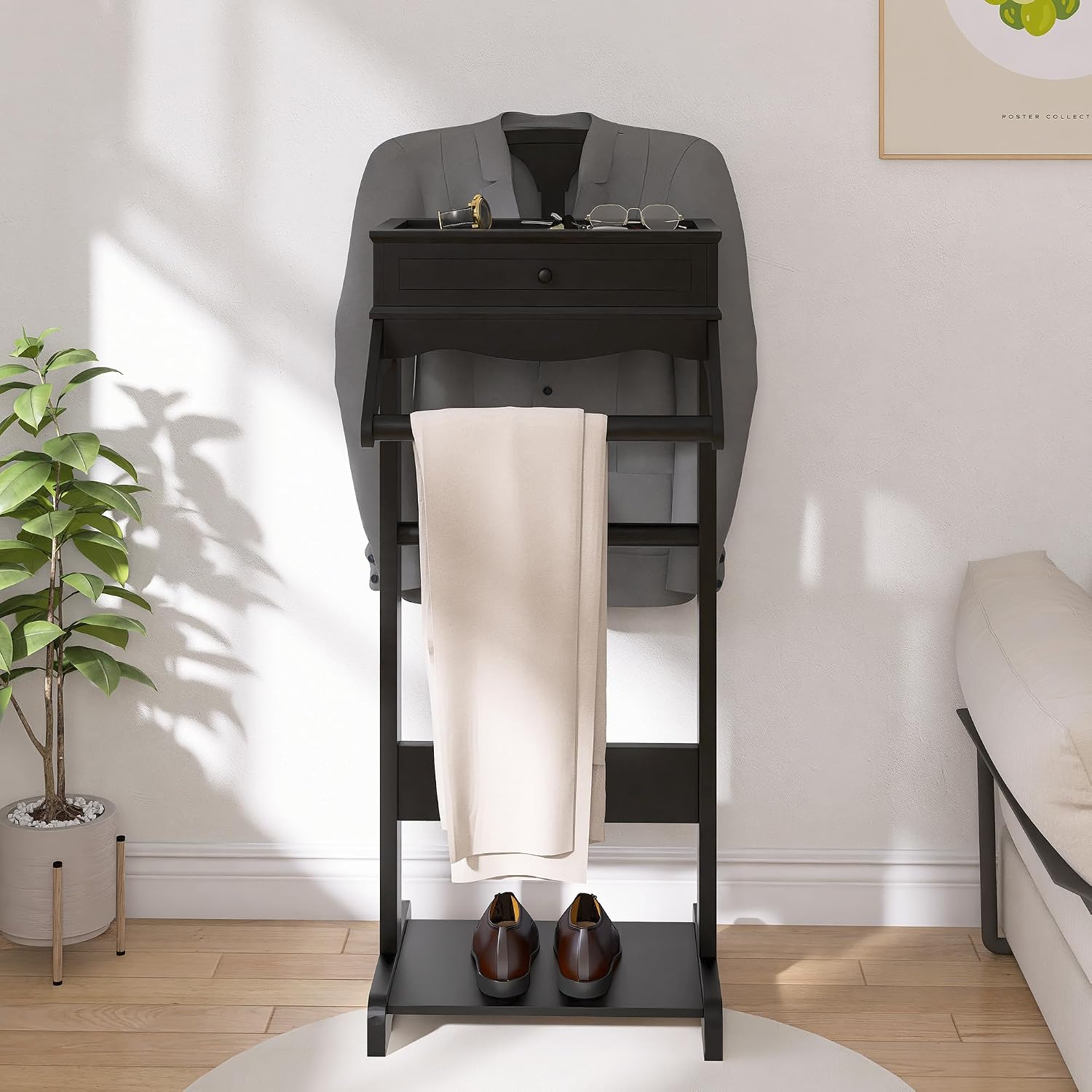 Clothes Valet Stand for Men, Wooden Clothing Rack with Drawer, Hanger, Tray, Drawer, Rods, Women Garment Valet for Bedroom, Living Room, Entryway, Office, Black