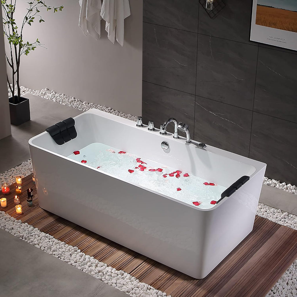 Empava 67-Inch Freestanding Whirlpool Bathtub Rectangular with 8 Hydromassage Water Jets Luxury Acrylic Massage SPA Soaking Bath Tub Double Ended