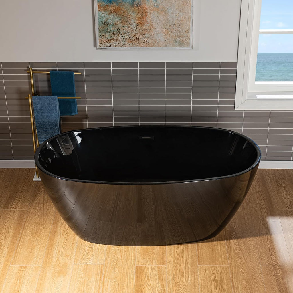 WOODBRIDGE 59' L x 31-1/2' W Freestanding Modern Acrylic Soaking Bathtub in Glossy Black Inside and Matte Black Drain & Overflow