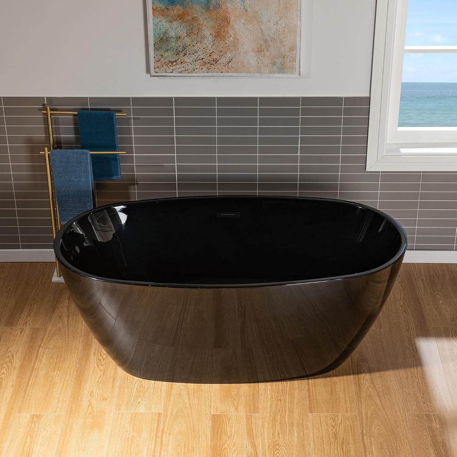 WOODBRIDGE 59' L x 31-1/2' W Freestanding Modern Acrylic Soaking Bathtub in Glossy Black Inside and Matte Black Drain & Overflow