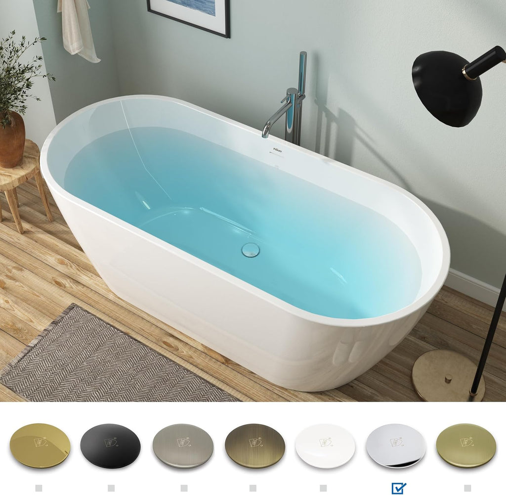 FerdY 67' Acrylic Freestanding Bathtub, Contemporary Soaking tub with Chrome Drain & Overflow, cUPC Certified, Elegant Oval Shape, Bali