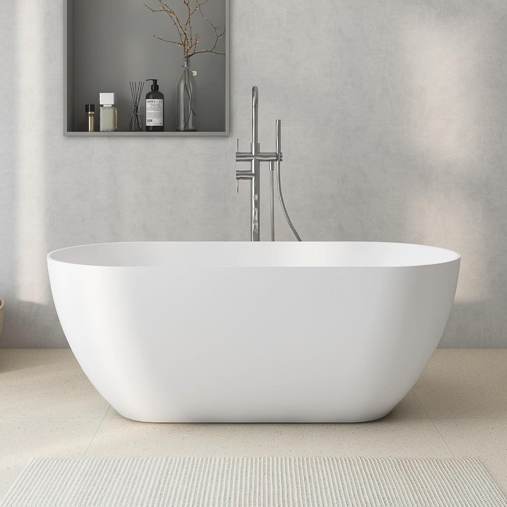 51' Stone Resin Freestanding Bathtub, Small Free Standing Tub, Solid Surface Bathroom Soaking Tub, Stand Alone Tubs with Integrated Slotted Overflow and Pop-up Drain, White 307-130