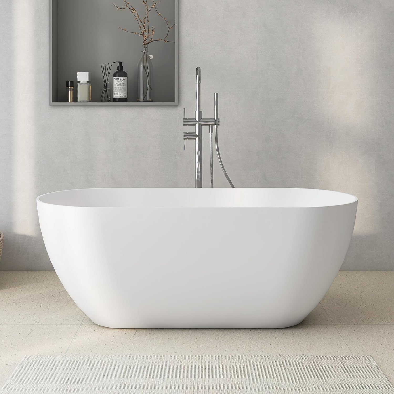 51' Stone Resin Freestanding Bathtub, Small Free Standing Tub, Solid Surface Bathroom Soaking Tub, Stand Alone Tubs with Integrated Slotted Overflow and Pop-up Drain, White 307-130