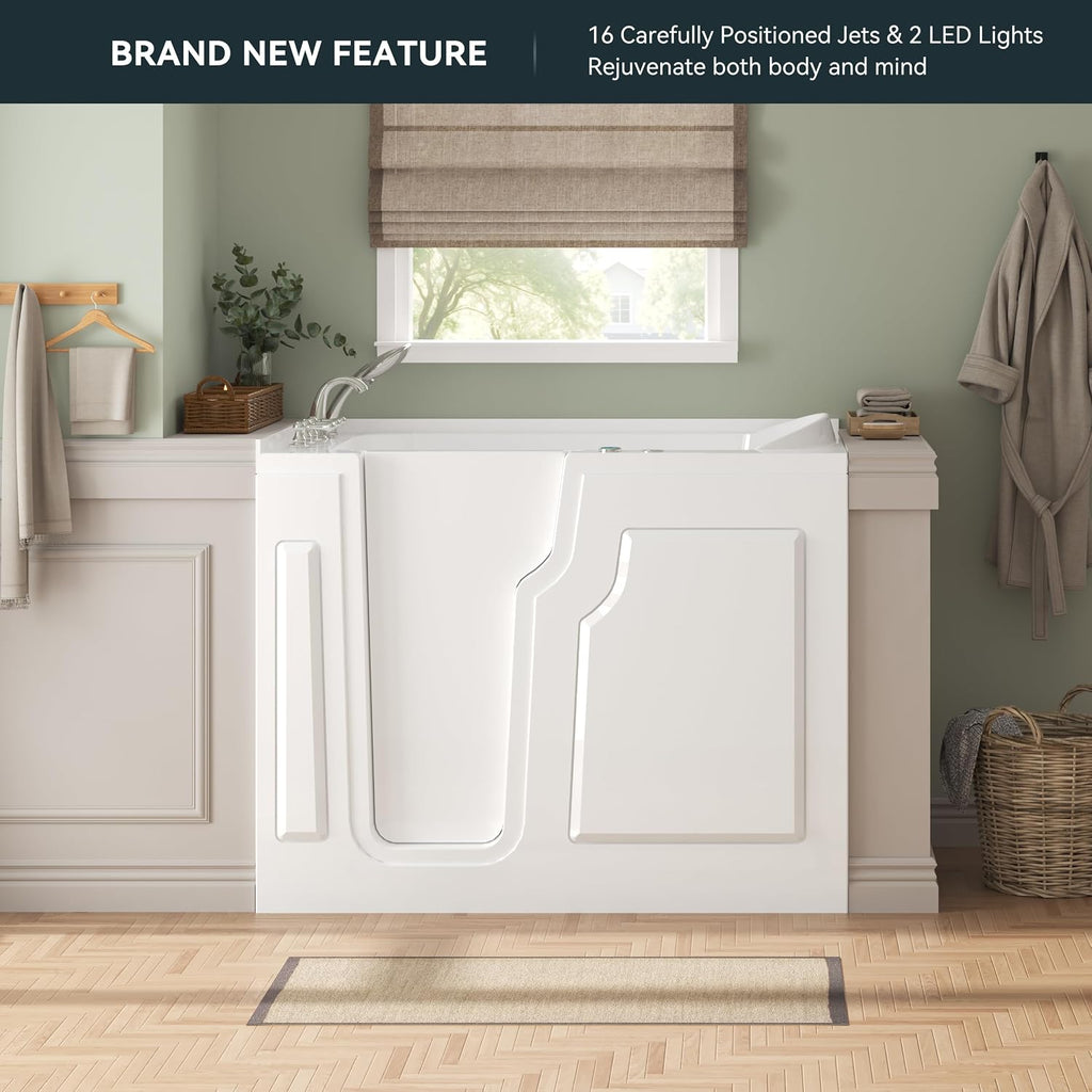 FerdY Floridian 55' x 33' Walk-in Whirlpool Bathtub with 16 Air Water SPA Jets and Left-Side Door Opening and Quick Fill and Drain System, Rectangular Soaking Jetted Bath Tub in White with LED Lights