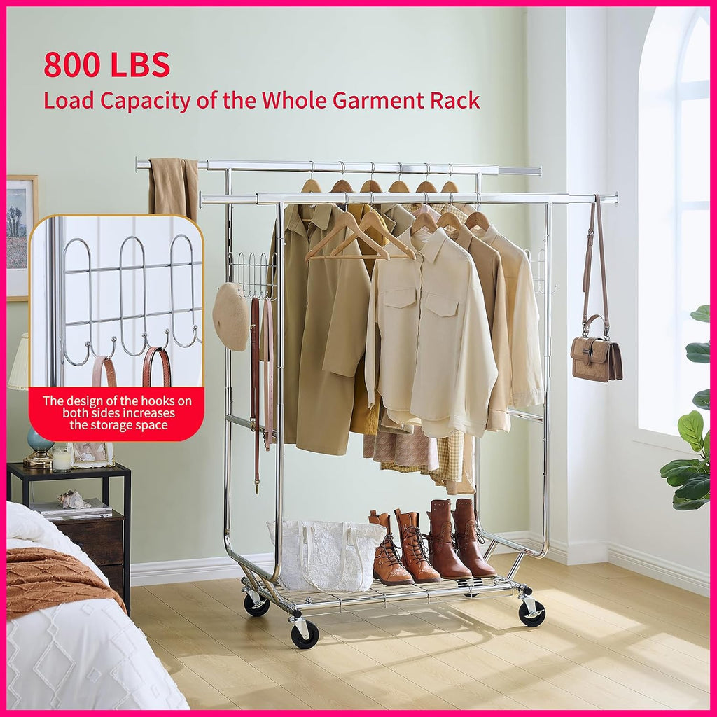 Double Coat Rack with Shelves Clothing Racks with 4 Rolling Wheels Heavy Duty Portable Collapsible Commercial Garment Rack for Hallway Bedroom Office, Capacity 800lbs, Silver