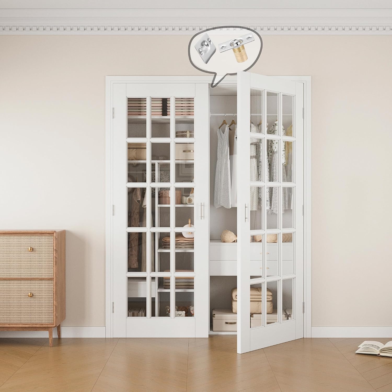 60' x 80' Ball Catch French Doors, 15 Lite Clear Glass Solid Core Pre-Finished & Paintable Double Doors with Ball Catches & Hinges & Handles, White Door, Swing Closet Door Interior