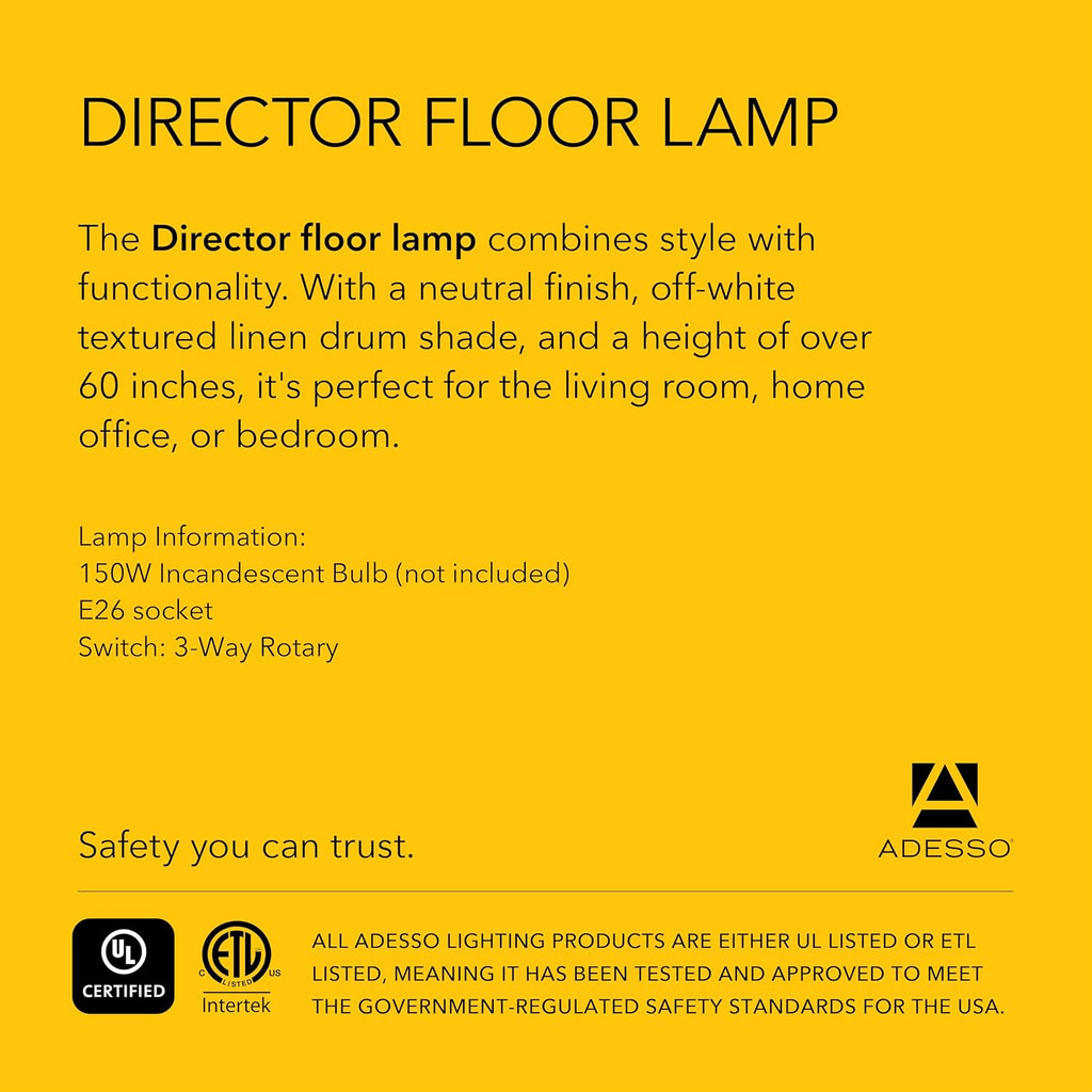 Adesso Floor Lamp with Natural Oak Veneer and Off-White Fabric Lampshade – 3-Way Adjustable Brightness, Lamp for Bedroom, Living Room, and House Décor, 60.25' x 21'