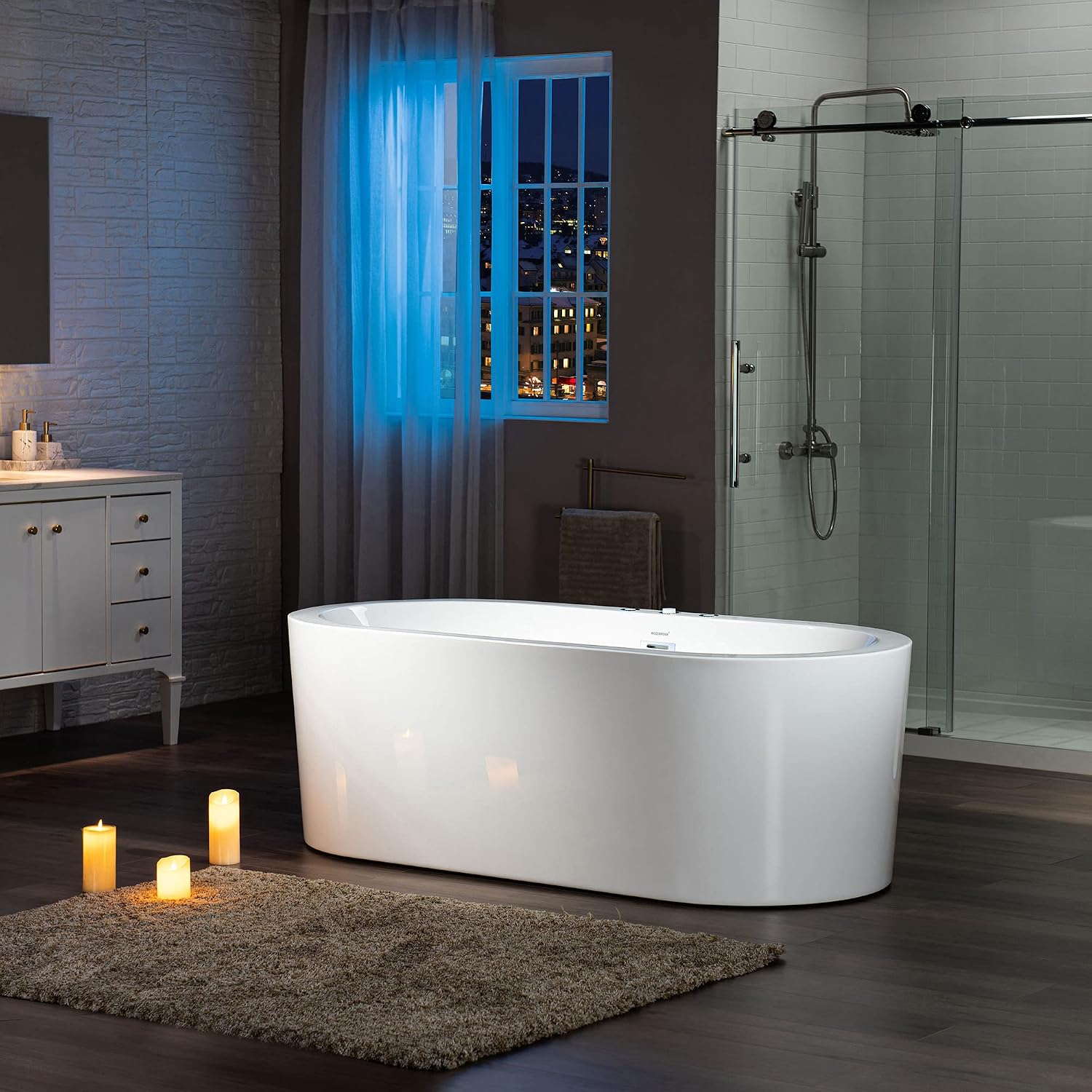 WOODBRIDGE 66-1/2' x 31-7/8' Whirlpool Water Jetted and Air Bubble Freestanding Heated Soaking Combination Bathtub, BJ200