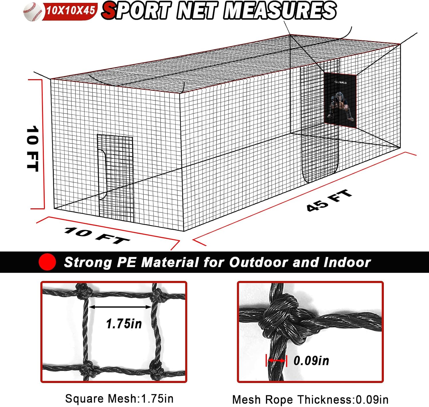 Baseball Softball Batting Cage Net with Realistic Catcher, Net Only, Backyard Practice Batting Cage Net, Heavy Duty Multi-Purpose Sports Net with Door