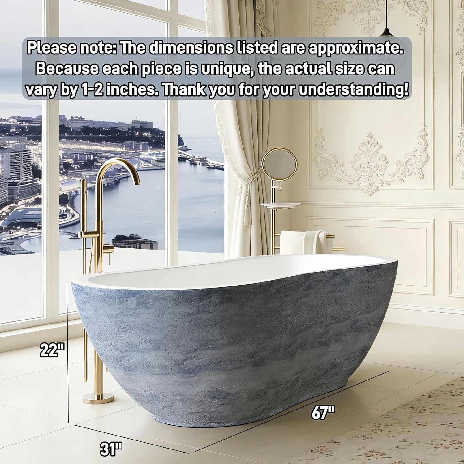 67' Edeyeu Freestanding Bathtub - Solid Surface Soaking Tub, Designer Luxury Deep Free Standing Tub, Sleek & Modern Bathtub for High-End Bathroom and Spa, Blue