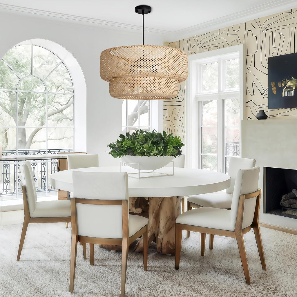 23.62' Bamboo Pendant Light,Boho Rattan Hanging Light,Hand Woven Wicker Chandelier for Kitchen Island for Kitchen Island Dining Bedroom Living Room Restaurants