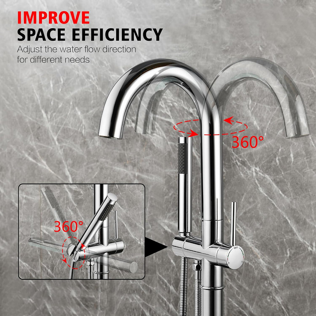 sumerain Freestanding Tub Filler Faucet, Modern Bathroom Floor Mounted Bathtub Faucet with Handheld Shower High Flow, Chrome