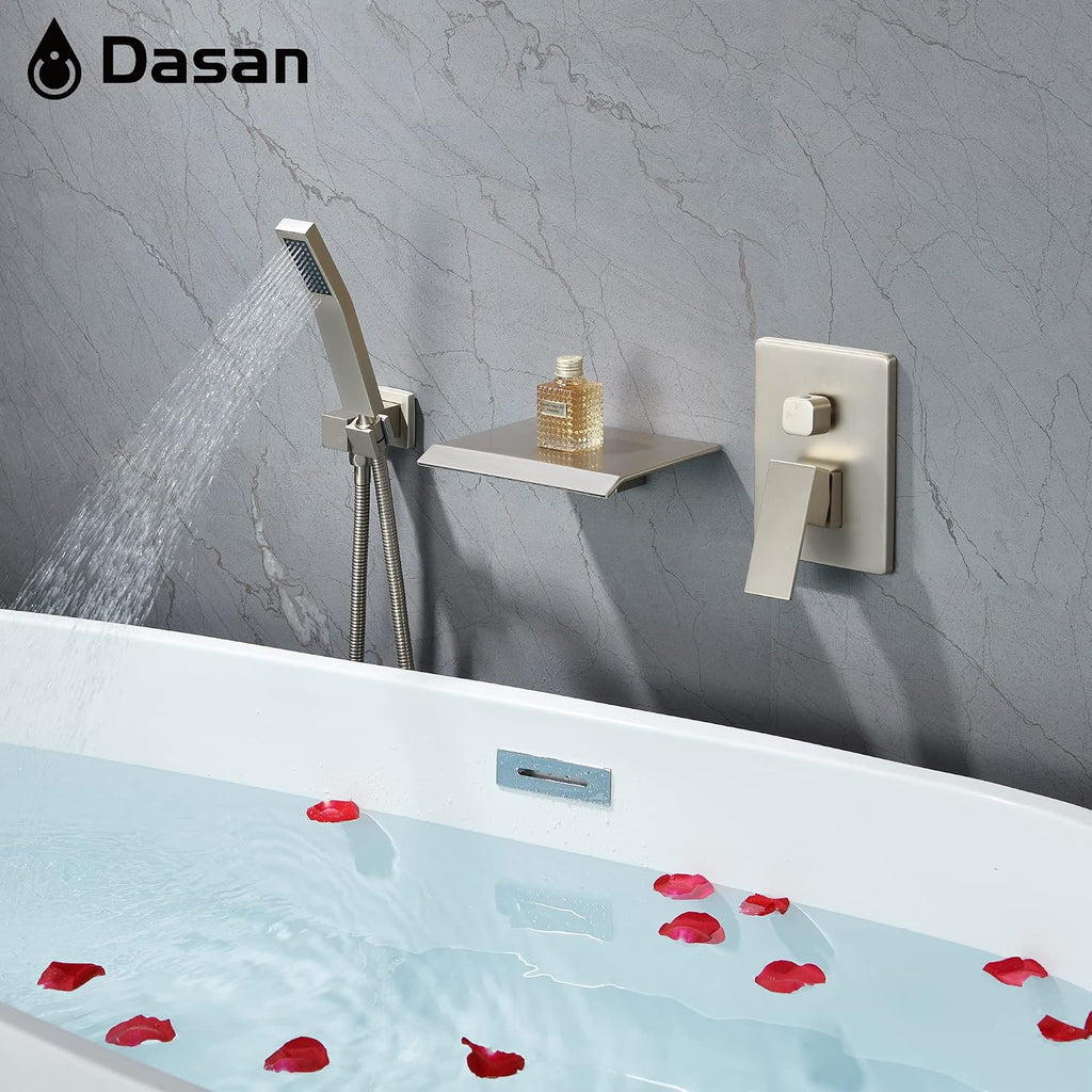 Upgraded Wall Mount Tub Filler Faucet with Handheld Shower, DASAN Modern Wall Mounted Bathtub Faucet Brushed Nickel High Flow Waterfall Tub Faucet with Rough in Valve, SA-TF04WH-BN