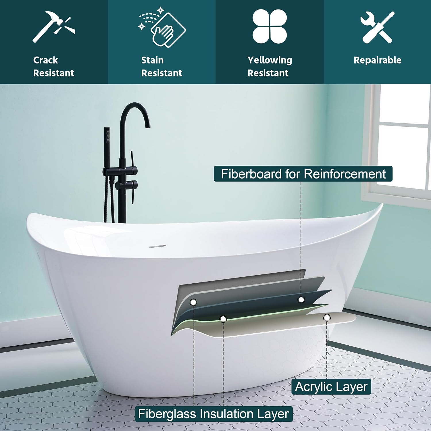 WELLFOR 70'Freestanding Acrylic Bathtub with Drain and Integrated Slotted Overflow, 65 Gallons Capacity, Soaking Bath Tub Oval Shape, Glossy White Soaking Bath Tub with Predrilled Overflow Holes