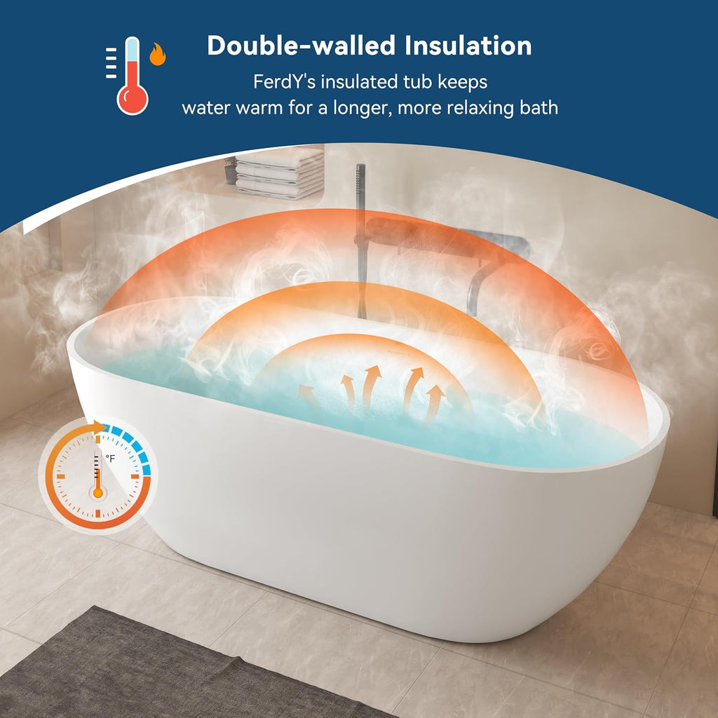 FerdY Fiji 69' Stone Resin Freestanding Bathtub, Classic Oval Shape Soaking Bathtub, Solid Surface Soaking Tub, cUPC Certified, Integrated Slotted Overflow and Matte White Pop-up Drain