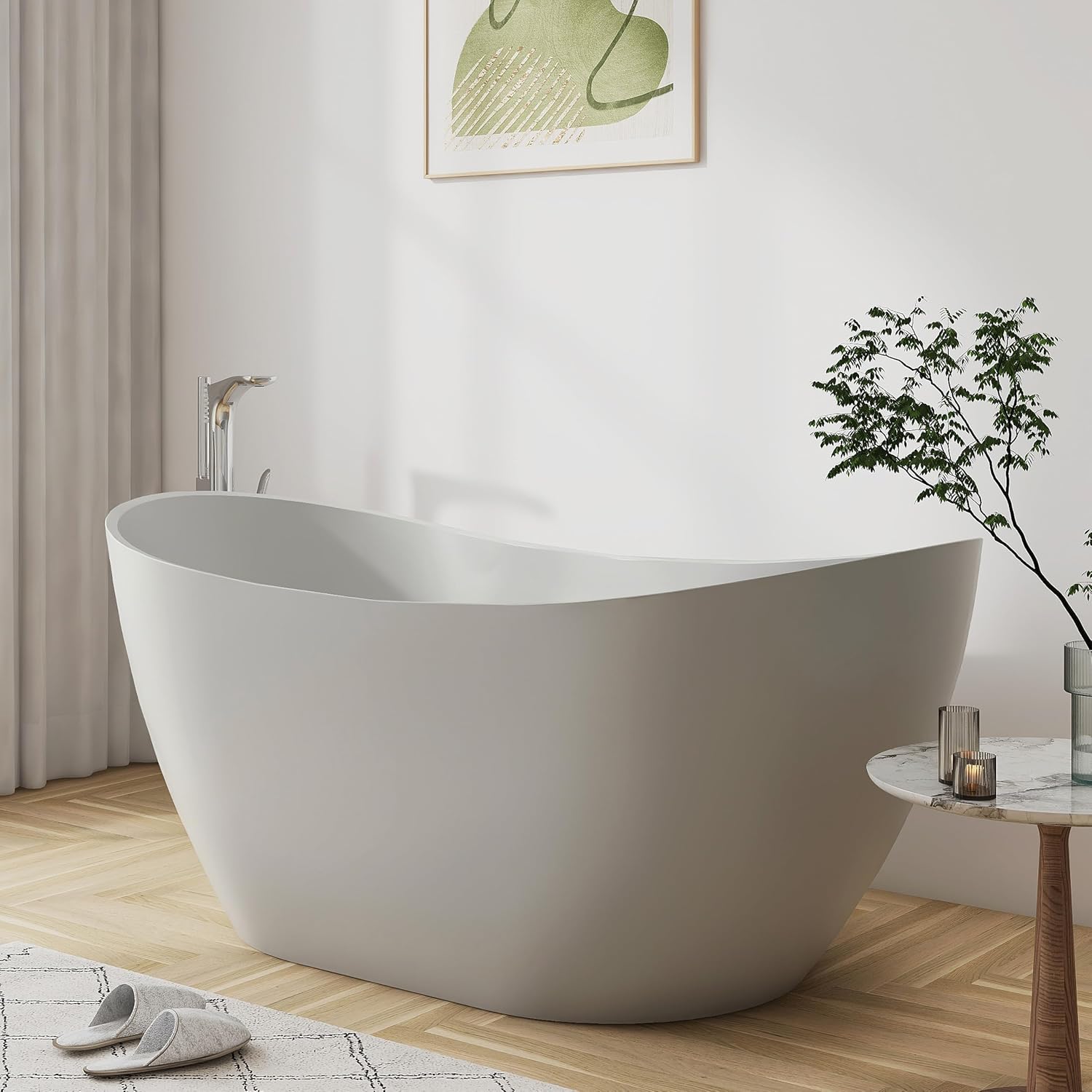 60'' Freestanding Khaki Acrylic Bathtub, Oval Soaking Tub