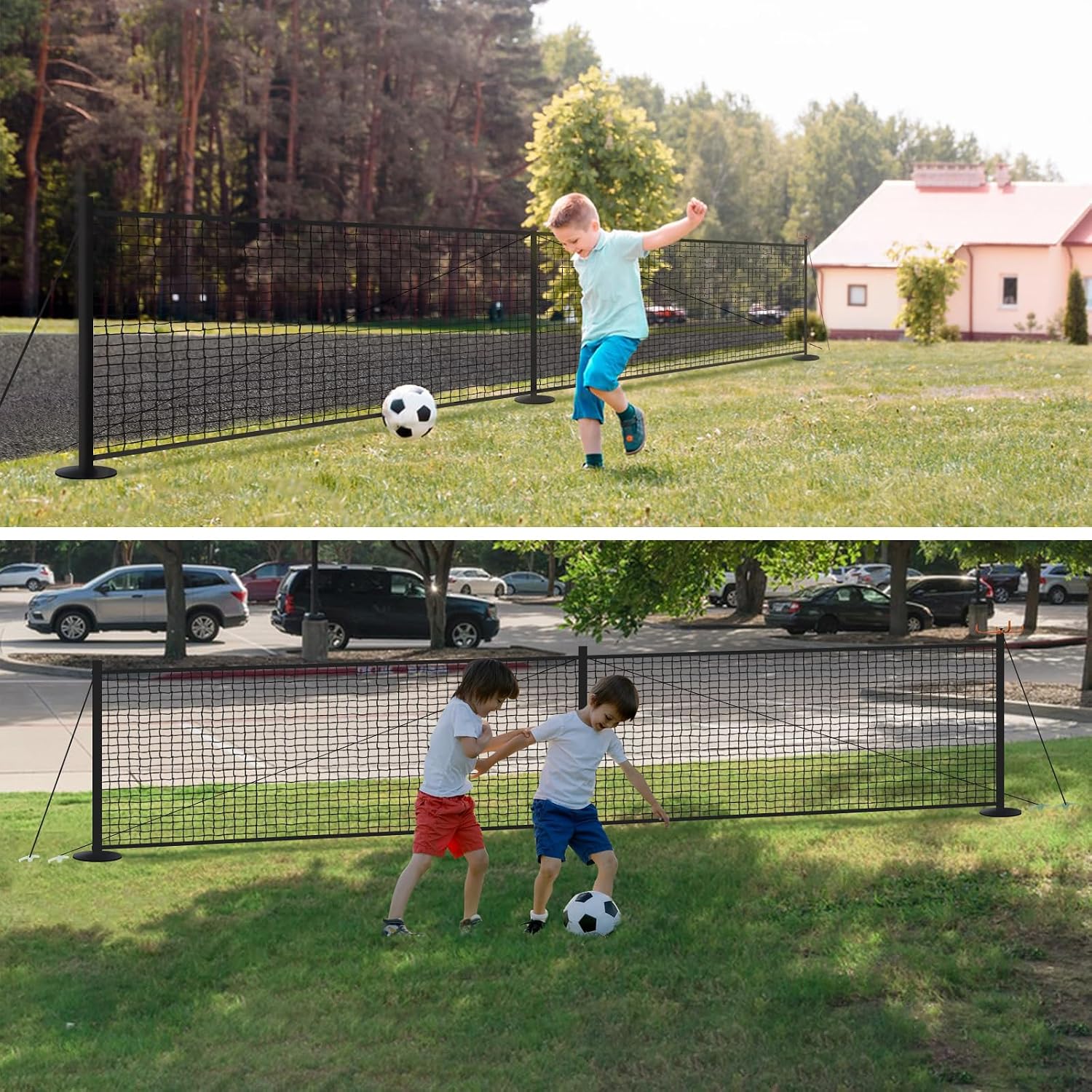 30FT x 5FT Driveway Safety Net Fence, Outdoor Yard Play Area Safety Barrier for Kids| Heavy Duty Steel Poles & Net, Not Fall Down Easily | Guard Net Length Adjustable, Easy to Recycle and Install