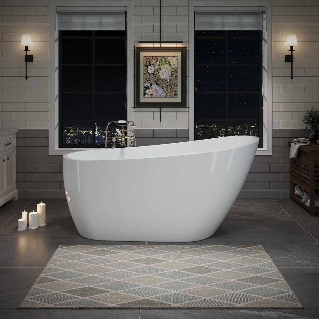 60' Acrylic Freestanding Bathtub, Deep Soaking Bathtub with Pop up Drain Integrated Overflow, Stand Alone Bath Tub for Bathroom Spa or Home Upgrade, Glossy White TH 26A04 60