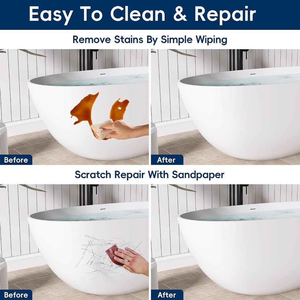 Oval 65' Freestanding Tub, Solid Surface Bathtub Matte White | Free stand Bathtub, Resin Stone Soaking Tub with Overflow and Pop-up Drain, Matte White