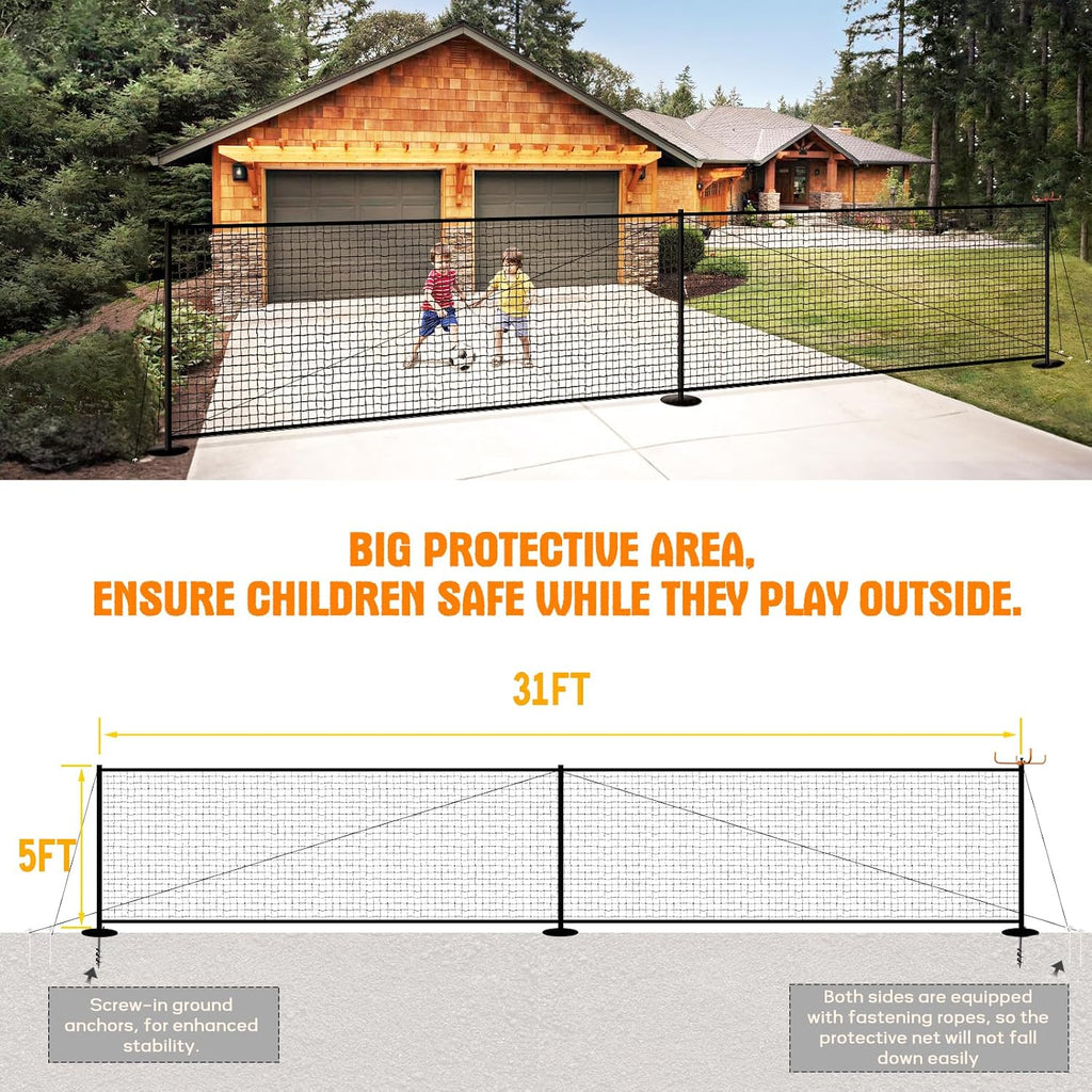 30FT x 5FT Driveway Safety Net Fence, Outdoor Yard Play Area Safety Barrier for Kids| Heavy Duty Steel Poles & Net, Not Fall Down Easily | Guard Net Length Adjustable, Easy to Recycle and Install