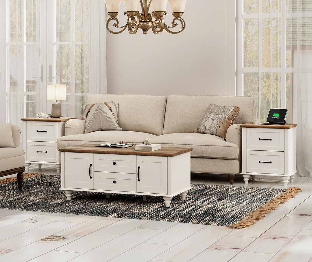 WAMPAT 3 Pieces Living Room Table Set, Set of 2 Nightstands Side Tables with Charging Station, One Rectangle Coffee Table with Storage Cabinet, Off White