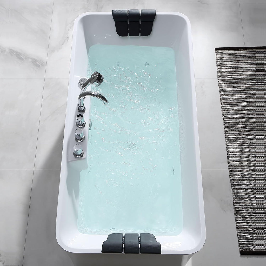 Empava 59-Inch Freestanding Whirlpool Bathtub Rectangular with 8 Hydromassage Adjustable Water Jets Luxury Acrylic Massage SPA Soaking Bath Tub Double Ended, White