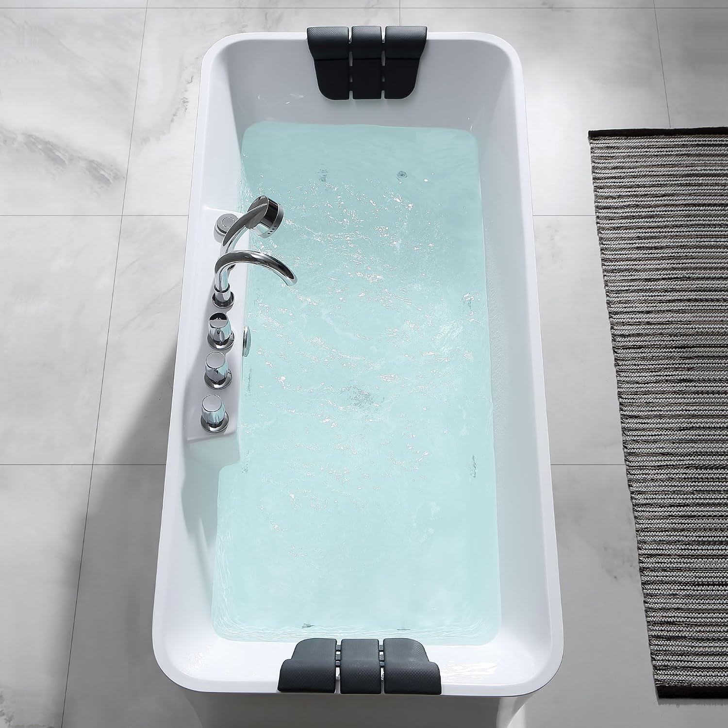 Empava 59-Inch Freestanding Whirlpool Bathtub Rectangular with 8 Hydromassage Adjustable Water Jets Luxury Acrylic Massage SPA Soaking Bath Tub Double Ended, White
