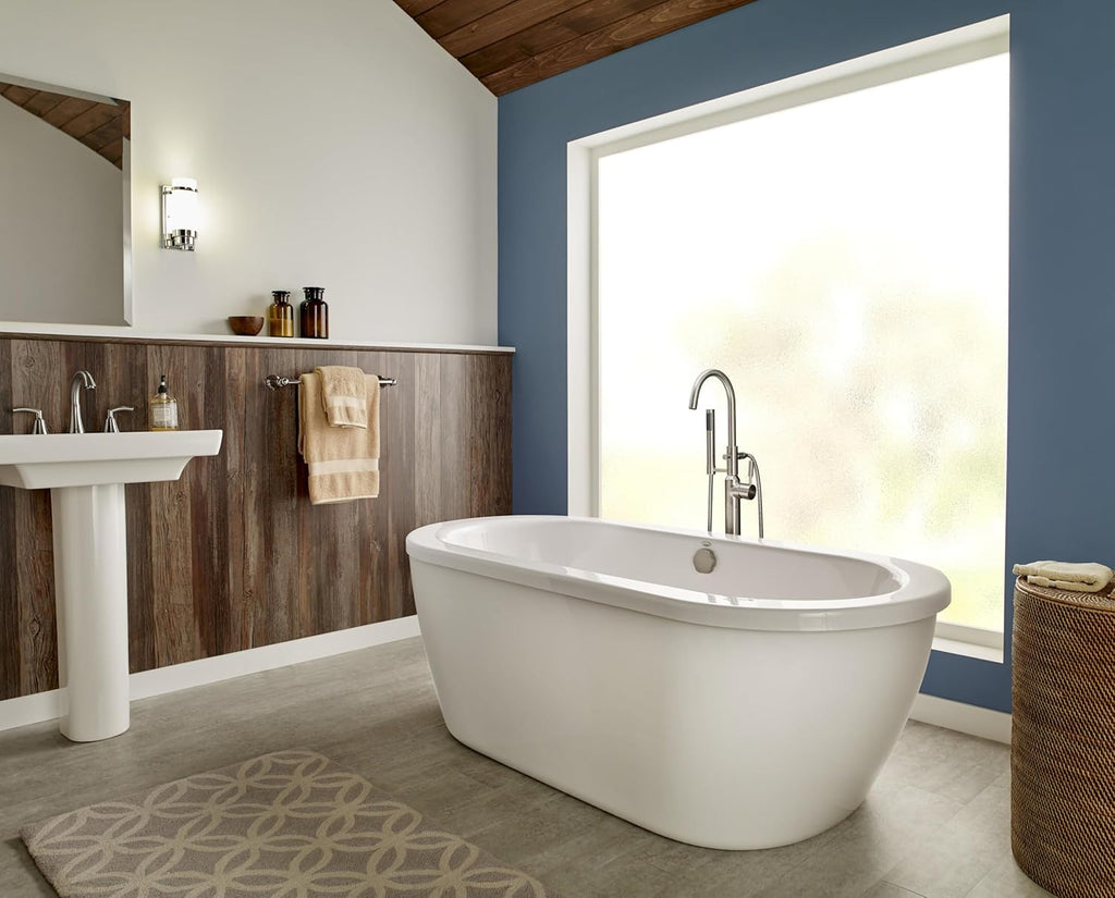 American Standard 2764014M203.011 Cadet 66 in. Acrylic Freestanding Soaker Bathtub with Tub Filler, Hand Shower and Drain, Arctic White, 50-60 Gallons