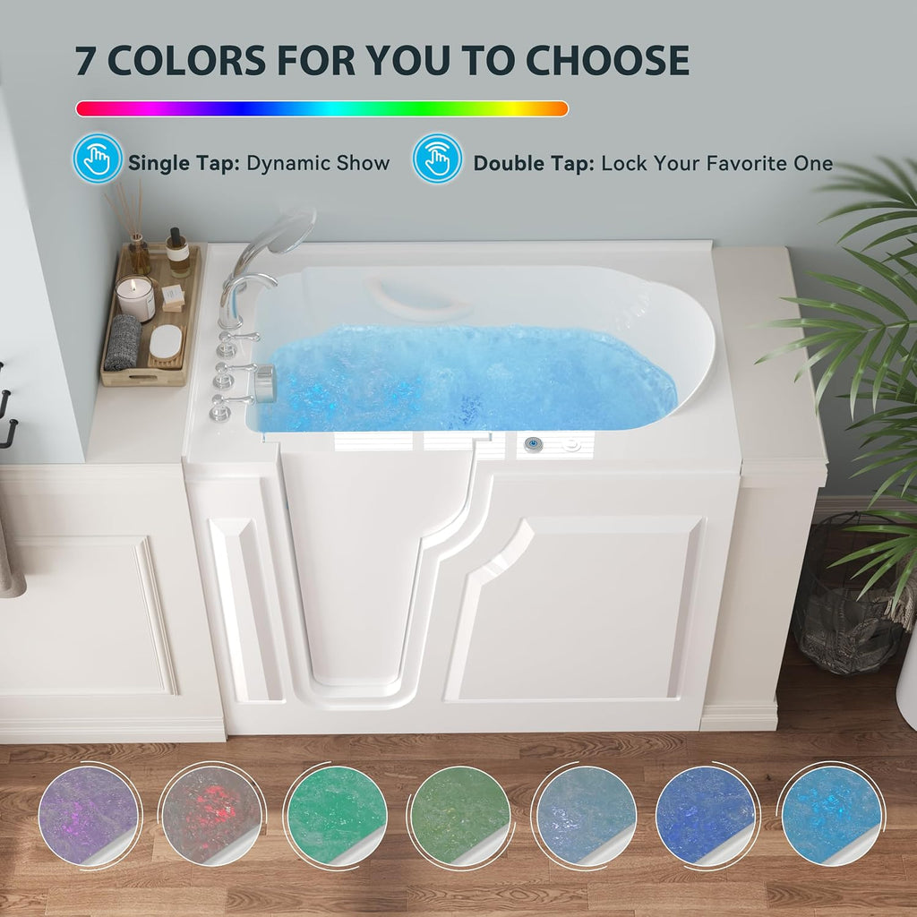 FerdY Floridian 52'x 30' Walk-in Whirlpool Bathtub with 14 Air Water SPA Jets and Left-Side Door Opening and Quick Fill and Drain System, Rectangular Soaking Bathtub in White