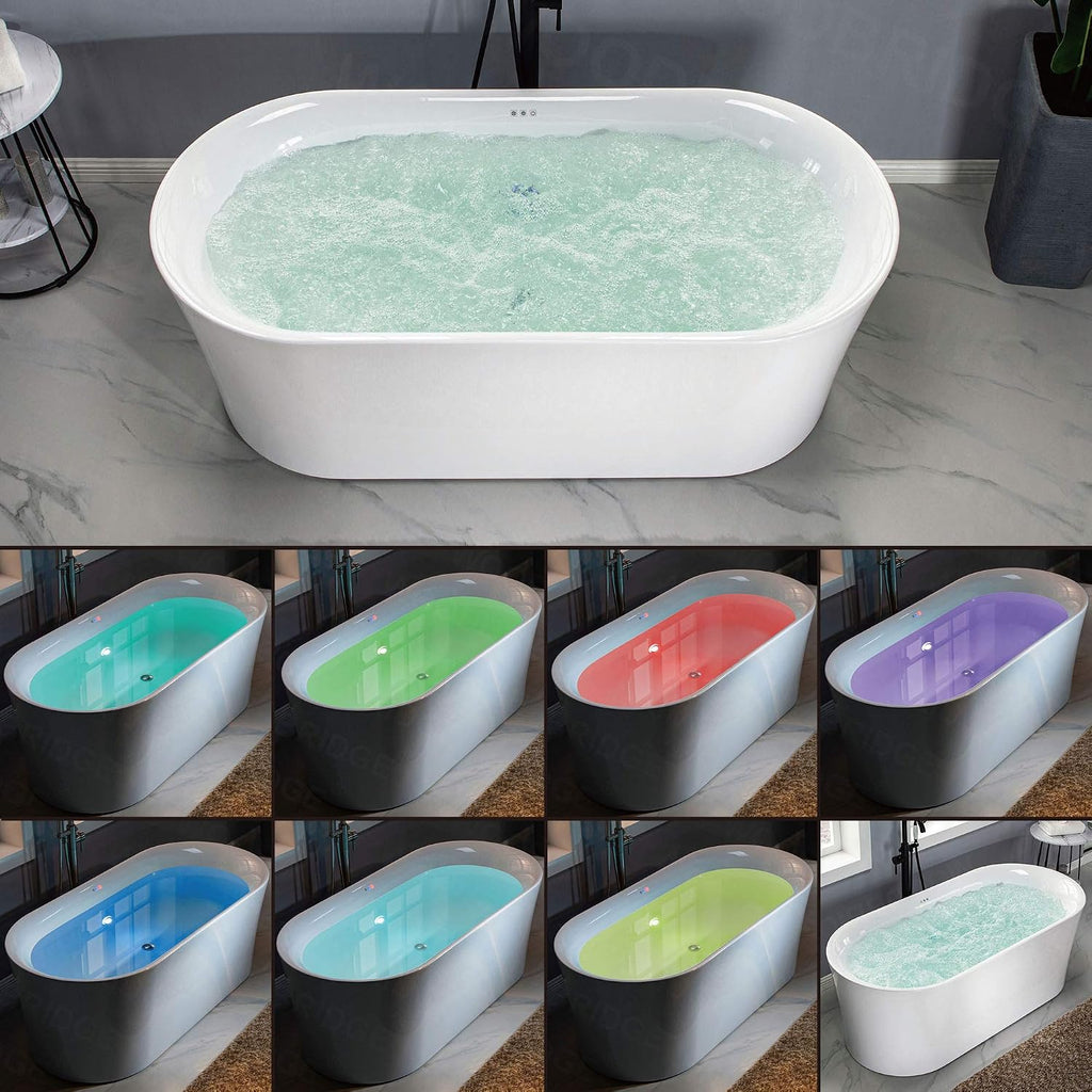WOODBRIDGE 59' Air Bubble Acrylic Freestanding Bathtub Contemporary Soaking Tub, White Acrylic wirh Oil Rubbed Bronze Drain and Overflow,B0102-ORB