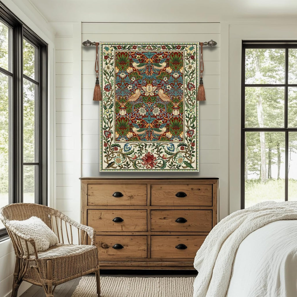 Vintage Medieval Tapestry, William Morris Birds and Flowers, Jacquard Woven Tapestry Wall Hanging for Living Room (Burgundy)