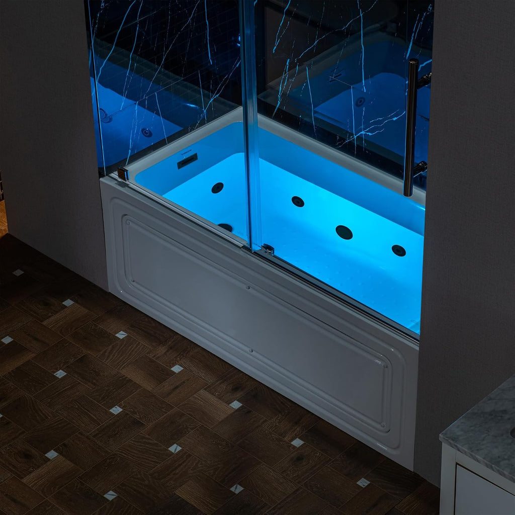 WOODBRIDGE 60' x 32' Alcove Acrylic Rectangular Whirlpool Heated Jetted Tub in White with Left Drain, Matte Black Finish, BS429-L-MB02