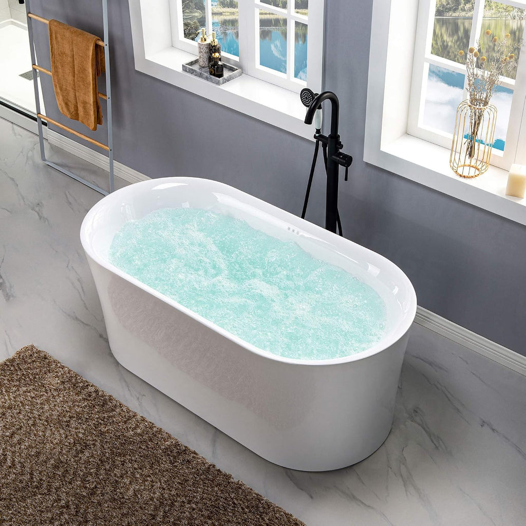 WOODBRIDGE 59' Air Bubble Acrylic Freestanding Bathtub Contemporary Soaking Tub, White Acrylic wirh Oil Rubbed Bronze Drain and Overflow,B0102-ORB