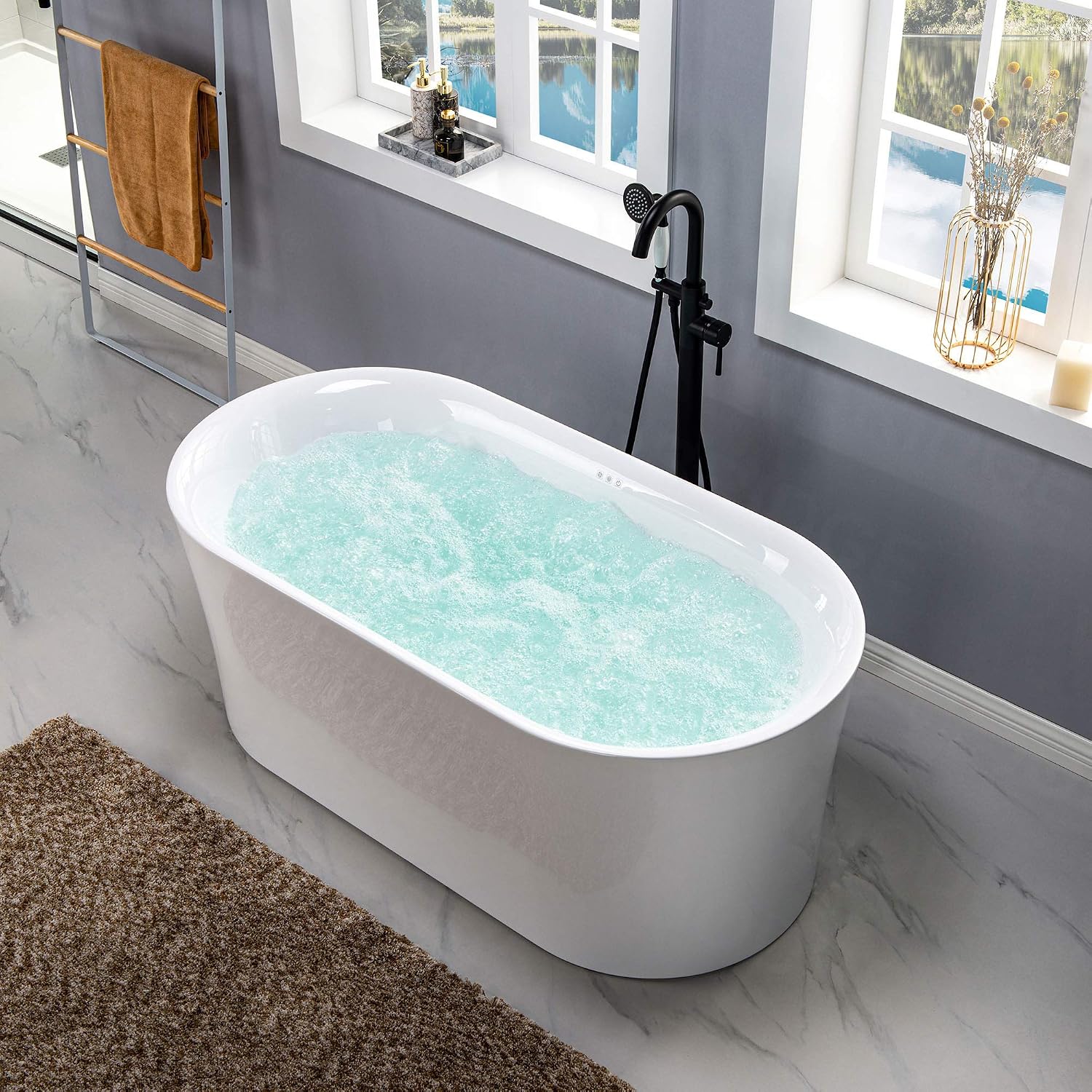 WOODBRIDGE 59' Air Bubble Acrylic Freestanding Bathtub Contemporary Soaking Tub, White Acrylic wirh Oil Rubbed Bronze Drain and Overflow,B0102-ORB
