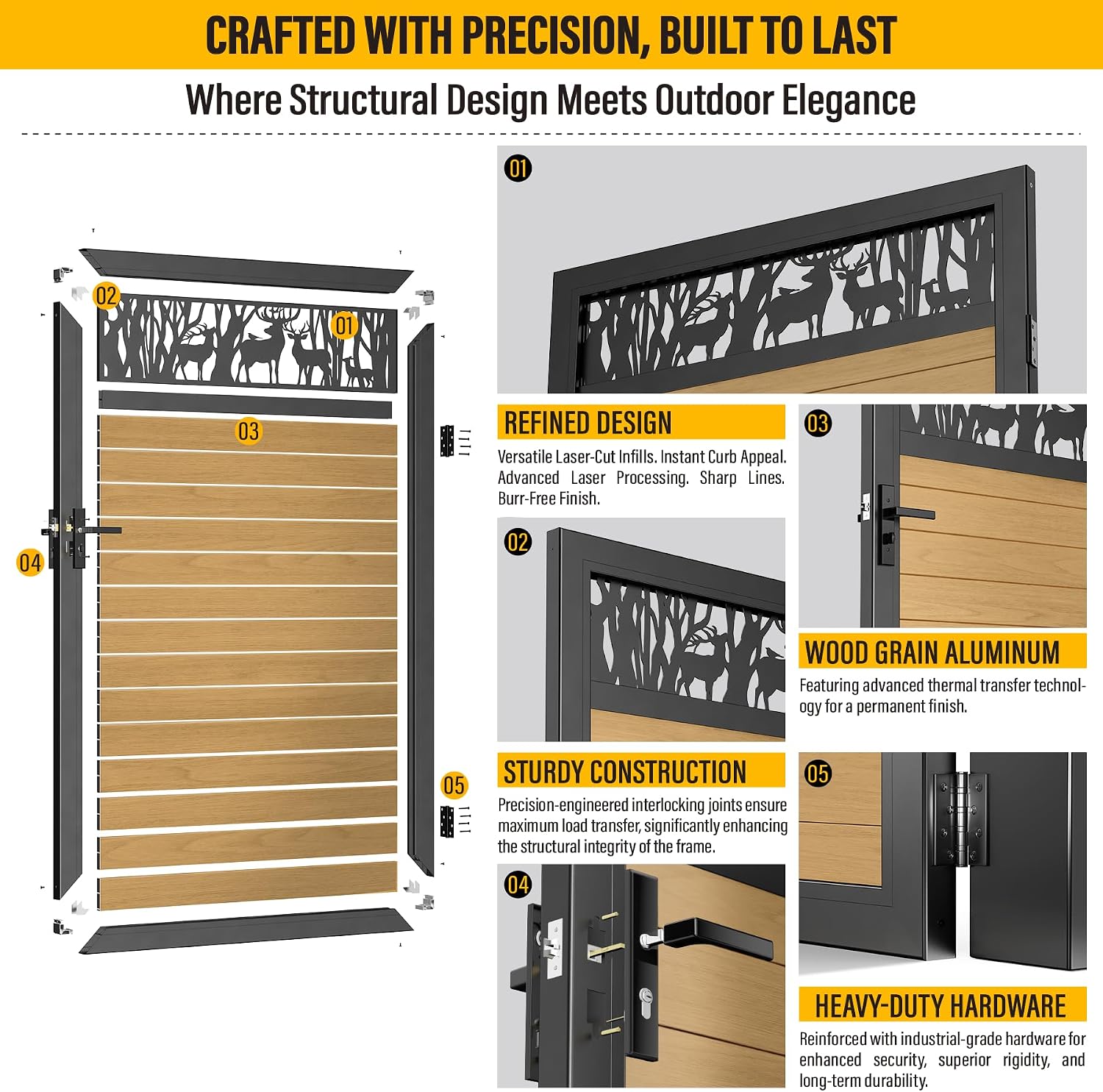 4x6 FT Aluminum Fence Gate Kit Wood Grain Aluminum Gate with Decorative Cutout, Lock & Hinges, Left/Right Opening, Weather Resistant for Yard Garden Patio