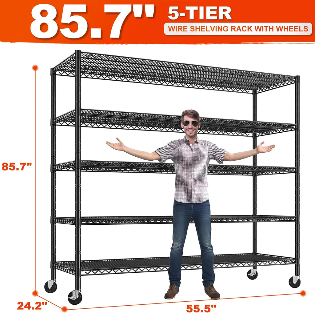 REIBII 85.7'H Garage Shelving 2998LBS Storage Shelves with Wheels&Feet,5 Tier Garage Shelves Heavy Duty Adjustable Wire Shelving for Basement Commercial Industrial Pantry, 85.7'H X 55.5'W X 24.2'D