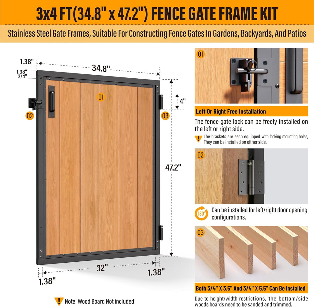 3x4FT Fence Gate Frame Kit 201 Stainless Steel Anti-Sag Heavy Duty Garden Gate Reinforcement Hardware, Left/Right Mount (No Panels Included) (34.8'W x 47.2'H)