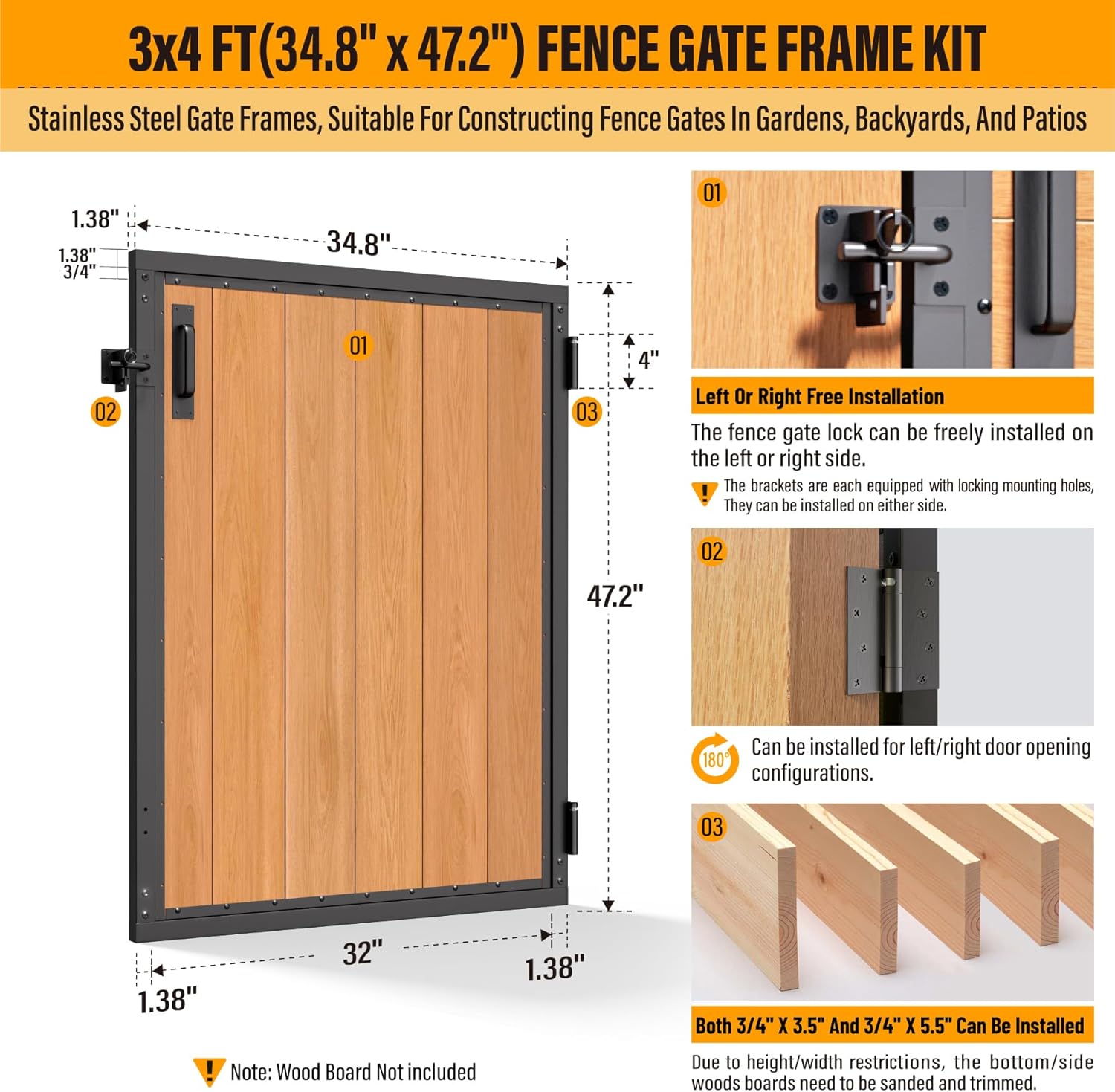 3x4FT Fence Gate Frame Kit 201 Stainless Steel Anti-Sag Heavy Duty Garden Gate Reinforcement Hardware, Left/Right Mount (No Panels Included) (34.8'W x 47.2'H)