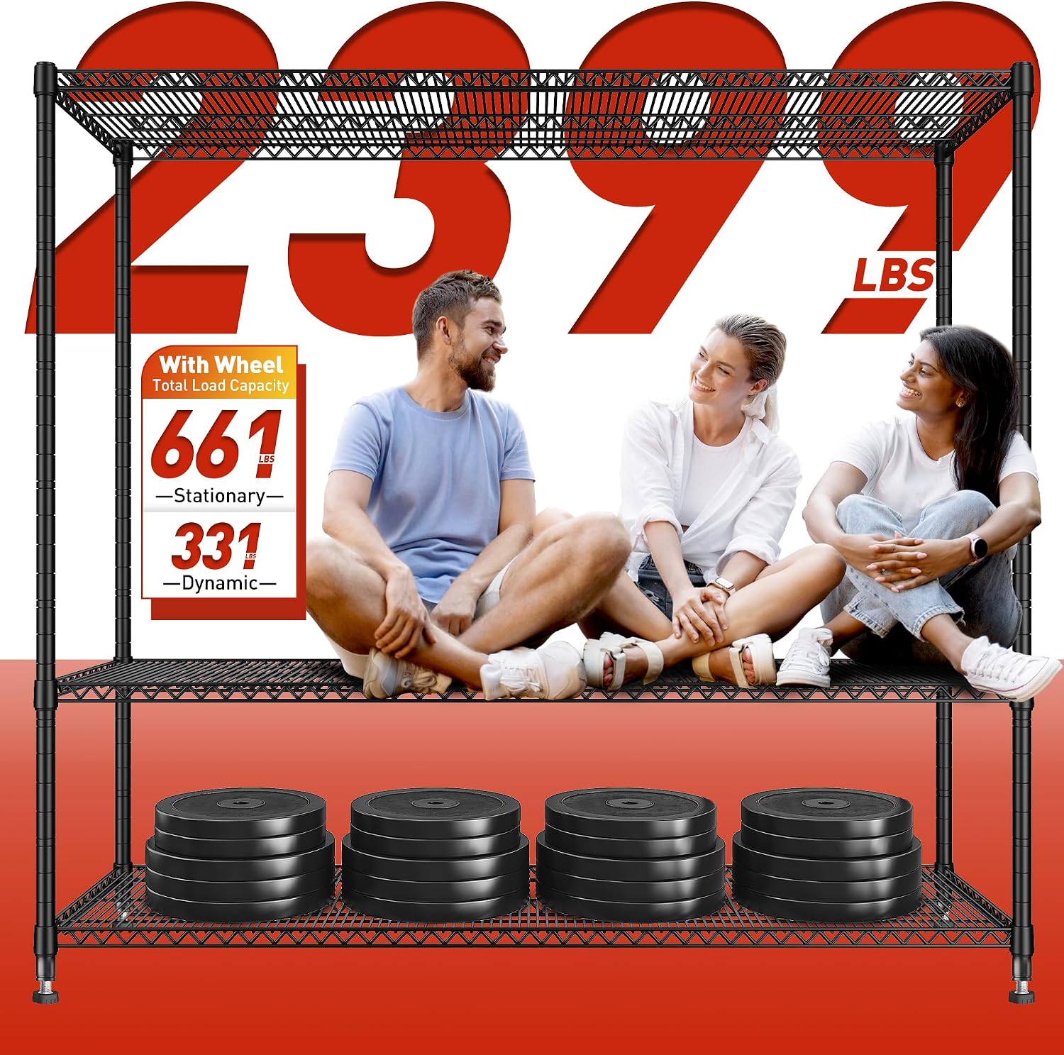 REIBII 60''W Storage Shelves 2399LBS Wire Shelving with Wheels Garage Shelving Heavy Duty Metal Shelves for Storage Rack Adjustable Shelf for Commercial Garage Kitchen, 60' W x 18' D x 65.5' H