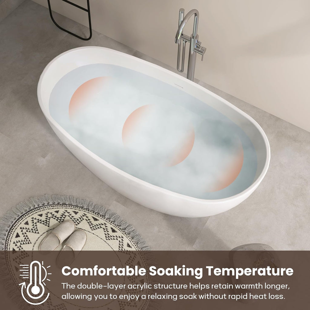 SJ STAR&JANE 60' Freestanding Bathtub, Acrylic Soaking Bathtub, Modern Acrylic Stand Alone Tub in white Intergrated Drain and Overflow,cUPC Certified