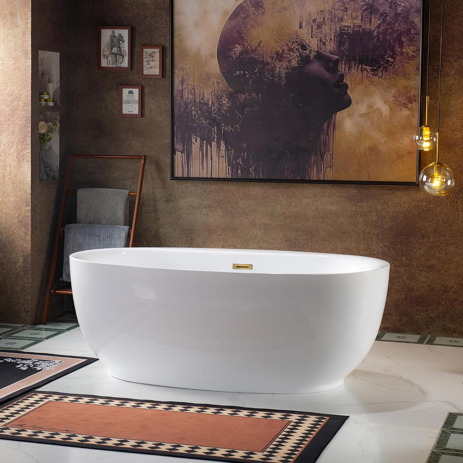 WOODBRIDGE 66' Acrylic Freestanding Bathtub Contemporary Soaking White Tub with Brushed Gold Overflow and Drain，B0027-BG