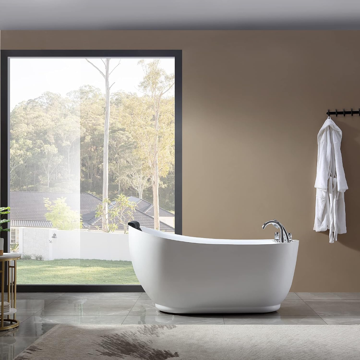 Empava 59 in. Acrylic Freestanding Tub Hydromassage Gracefully Oval Shaped Whirlpool 7 Water Jets Soaking SPA, Single-Ended Massage Bathtub with Black Pillow , White