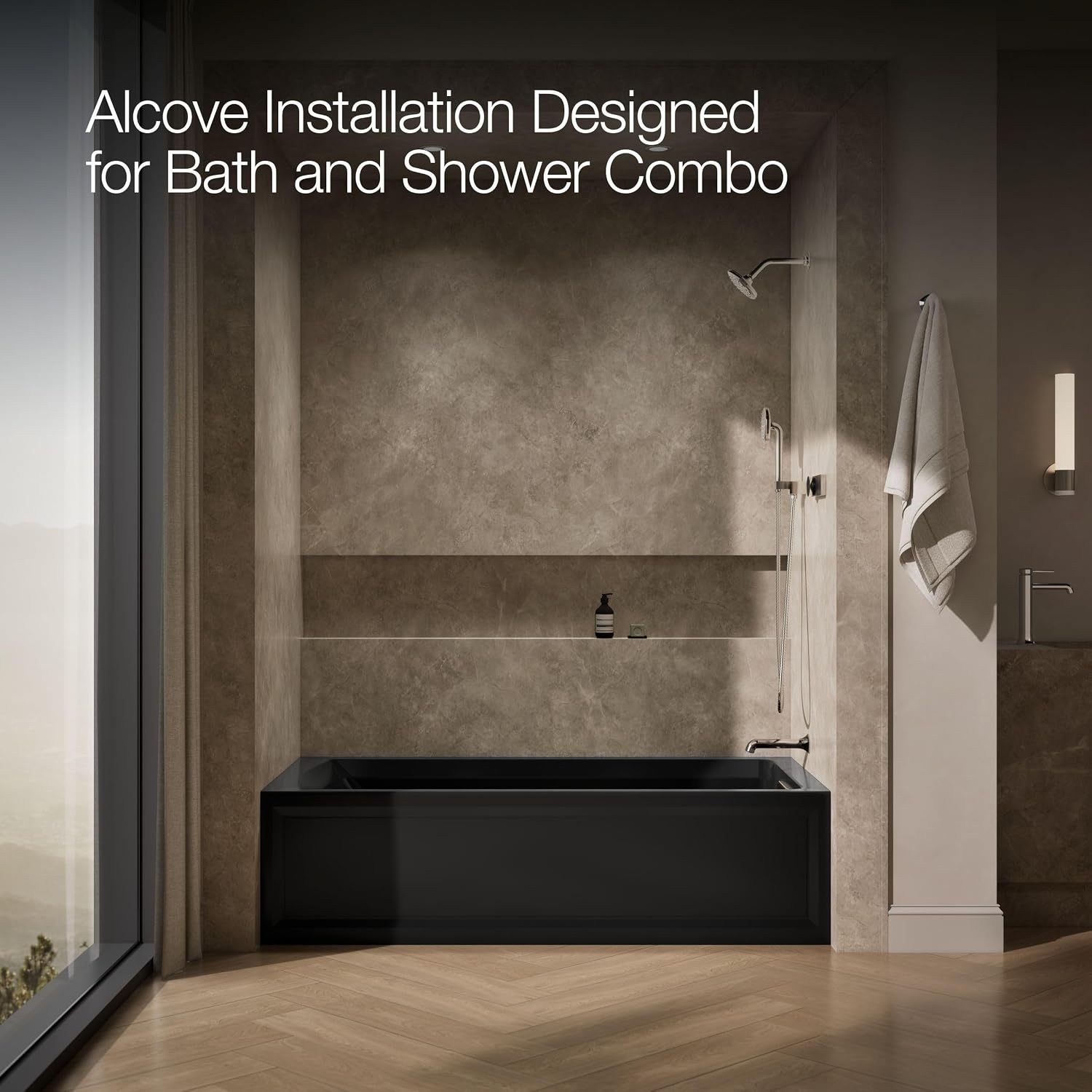 Kohler K-1124-HR-7 Archer 6Ft Whirlpool with Comfort Depth Design, Integral Apron, Right-Hand Drain and Heat, Black Black