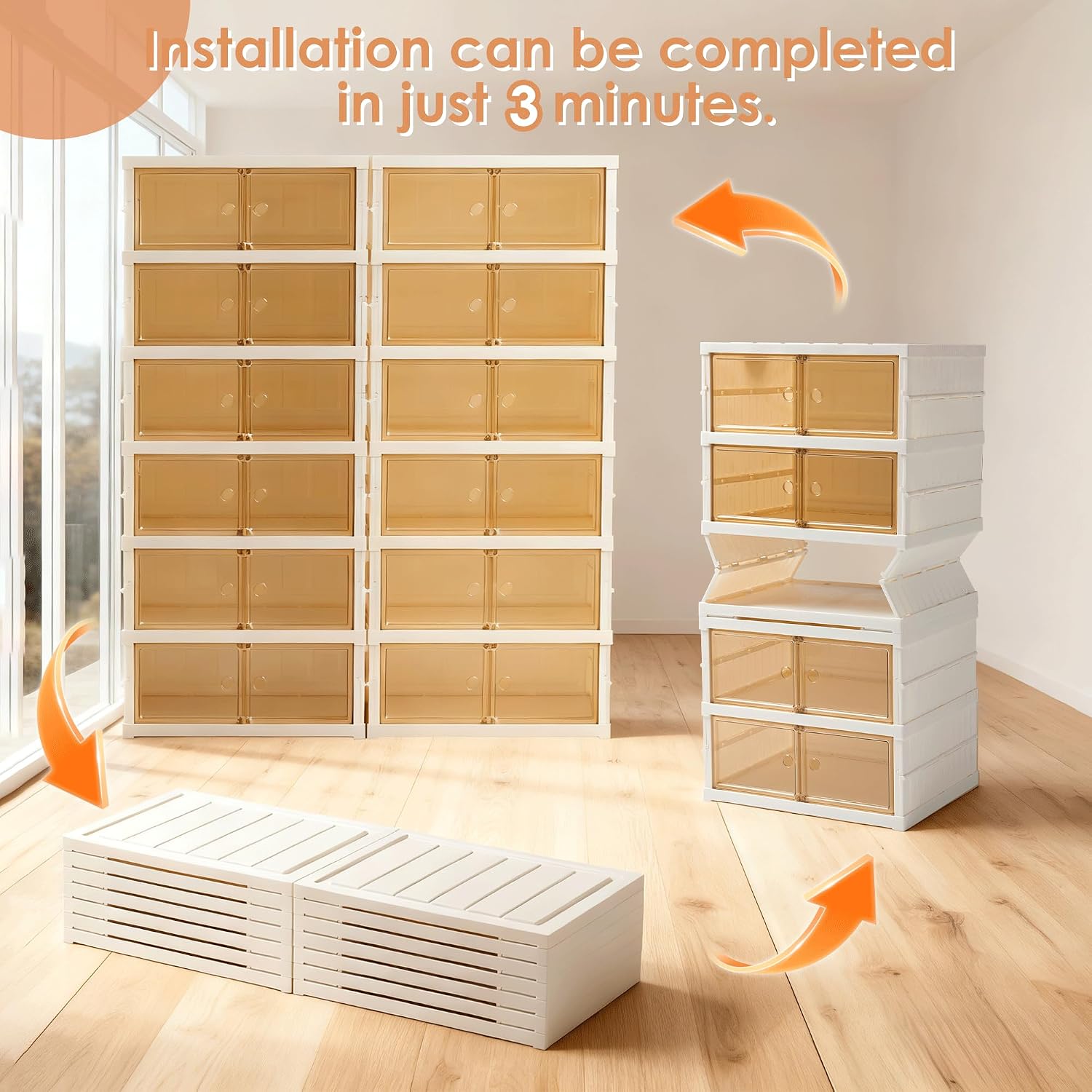 Folding Shoe Rack Storage Device,Large Plastic Folding Shoe Cabinet, Easy to Assemble Shoe Rack Storage Cabinet with Transparent Door Magnetic Buckle (6 Layers, 2 Groups, 24 Pairs)