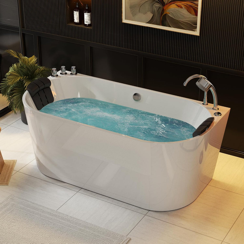Empava 67' Freestanding Whirlpool Bathtub Oval with 8 Hydromassage Adjustable Water Jets Luxury Acrylic Massage SPA Soaking Bath Tub in White Double Ended