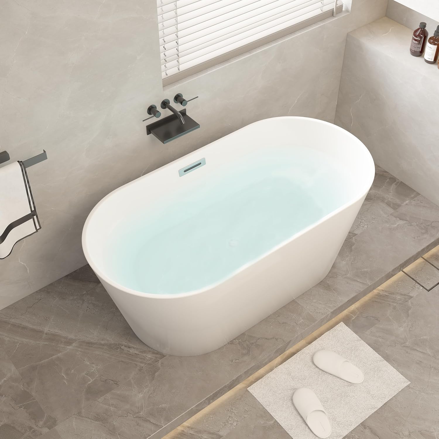 55 Inches Freestanding Soaking Bathtub, Modern Oval Acrylic Hot Tub with Center Chrome Drain & Overflow for Spa, Glossy White