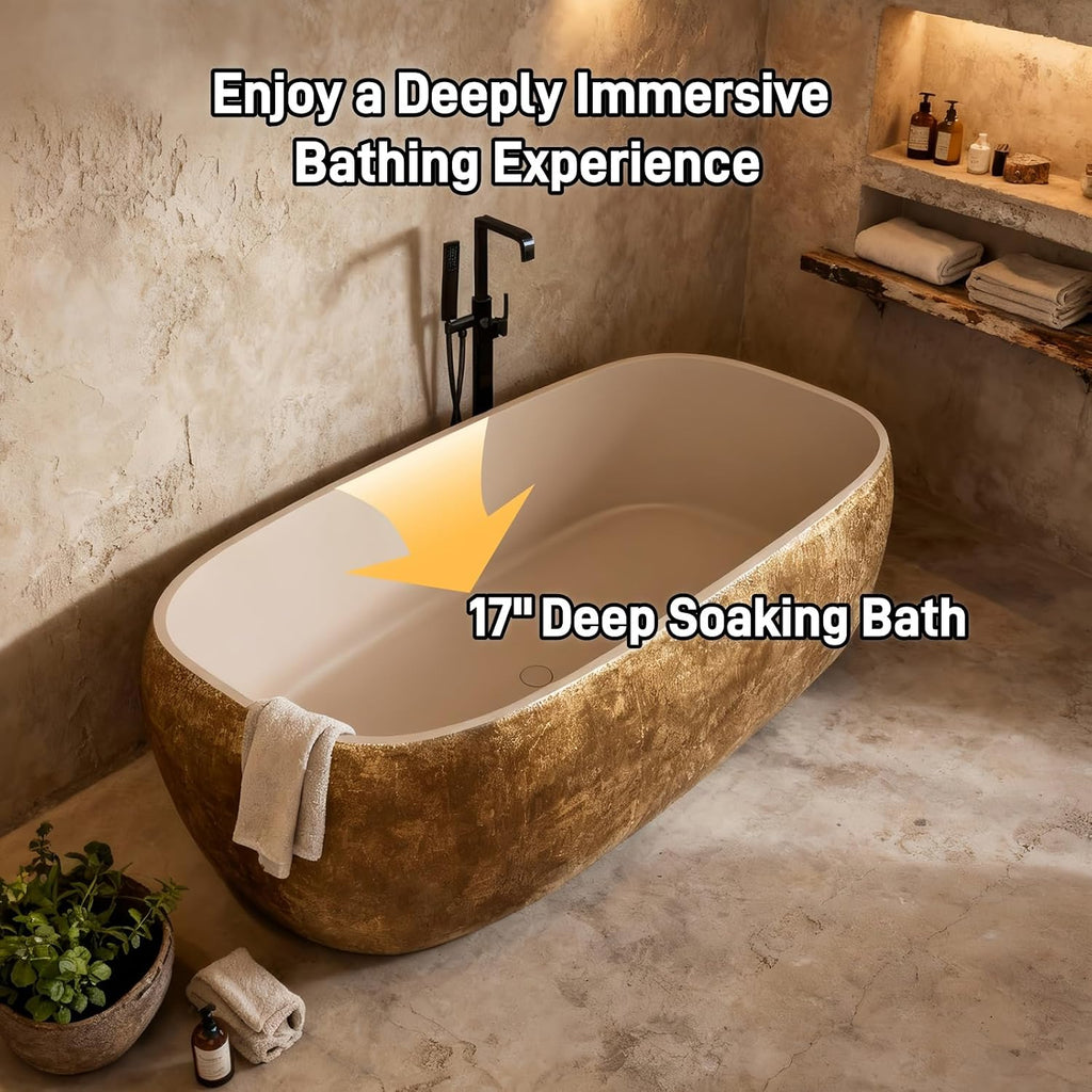 71' Edeyeu Freestanding Bathtub - Modern Designer Solid Surface Bathtub Soaking Tub With Extra Deep Ergonomic High Back, Luxury Stone Texture Free Standing Tub, Artistic Style